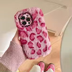 Fluffy Leopard Print Phone Case with Wrist Strap