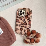 Fluffy Leopard Print Phone Case with Wrist Strap