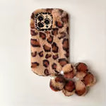 Fluffy Leopard Print Phone Case with Wrist Strap