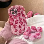 Fluffy Leopard Print Phone Case with Wrist Strap
