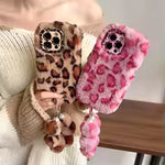 Fluffy Leopard Print Phone Case with Wrist Strap