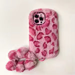 Fluffy Leopard Print Phone Case with Wrist Strap