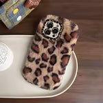 Fluffy Leopard Print Phone Case with Wrist Strap