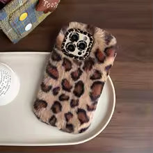 Fluffy Leopard Print Phone Case with Wrist Strap