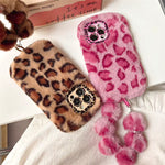 Fluffy Leopard Print Phone Case with Wrist Strap